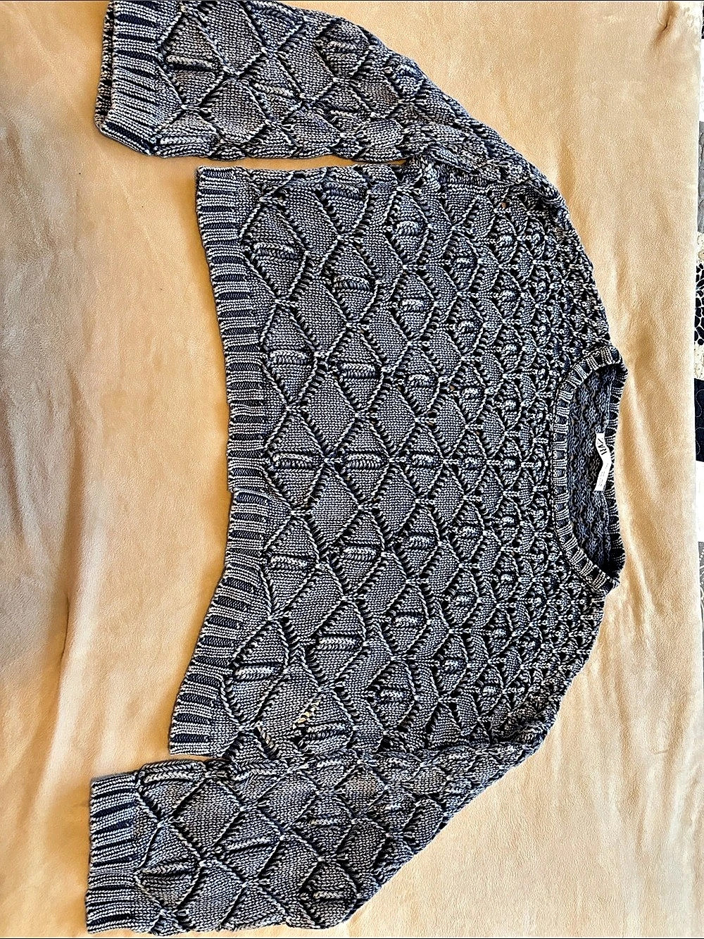 Zara Textured Open-Knit Sweater Geometric Gray & White Size Small